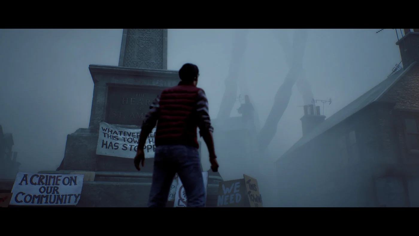 SILENT HILL: Townfall shows Simon facing a fog-covered street and buildings.