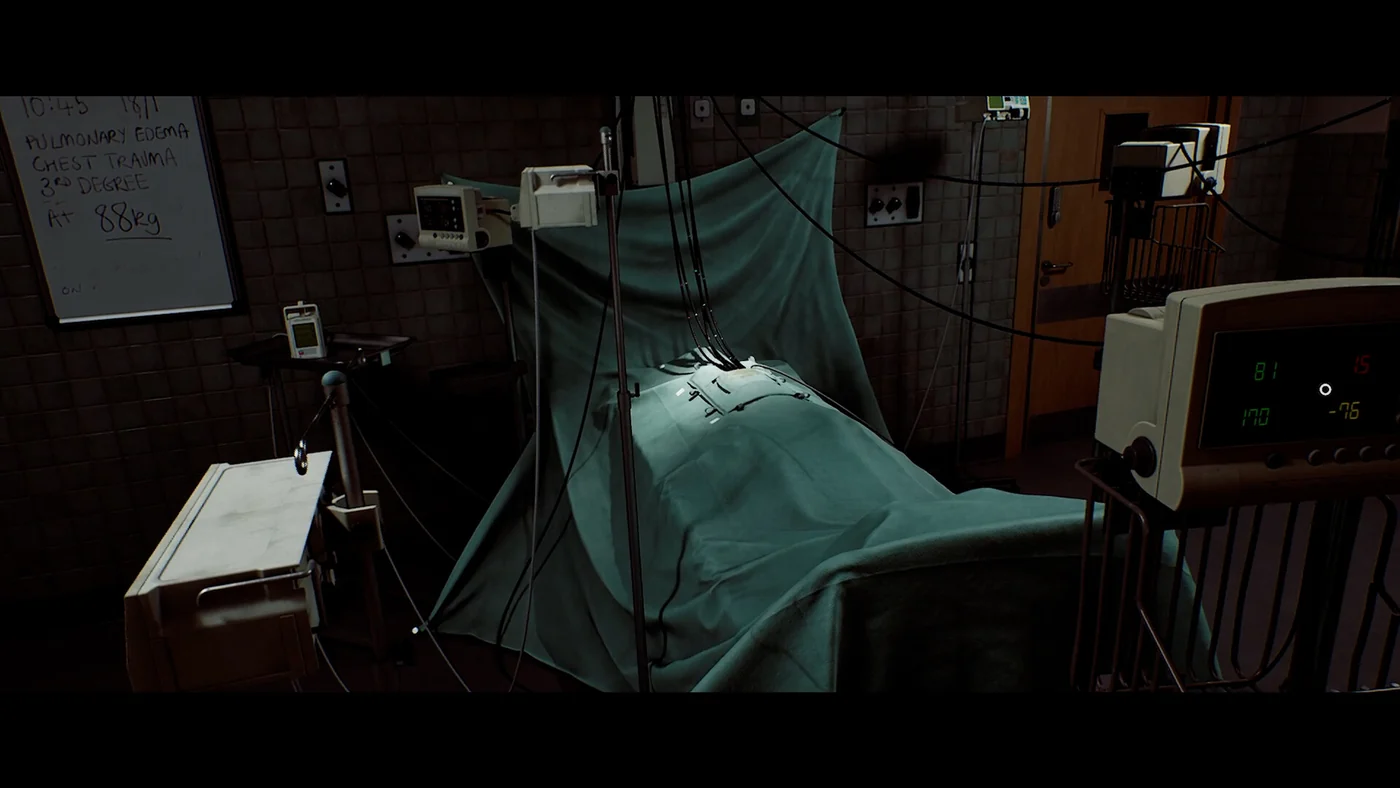 SILENT HILL: Townfall shows a covered patient on a hospital bed beside monitors.