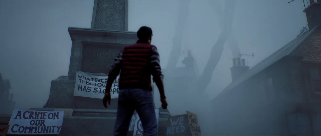 Simon Ordell stands among signs and fog-covered buildings in St. Amelia in an official Silent Hill: Townfall image.