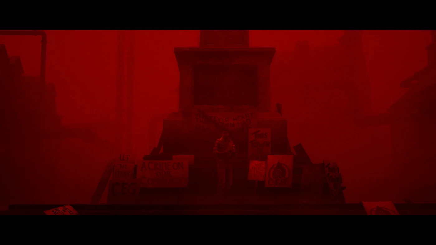 SILENT HILL: Townfall shows a tall red-lit building surrounded by fog.